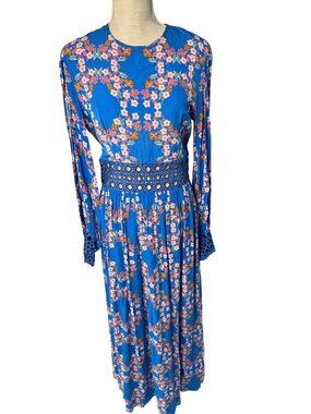 Sandro Floral Print Blue Maxi Dress Size M Eyelet Waist & Cuff Detail Long Sleev